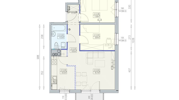 Rzut - Mieszkanie na sprzedaż 3 pokoje o powierzchni 58,35 m² - numer K1 3/7/2/3k w Południk 17 - budynek K1