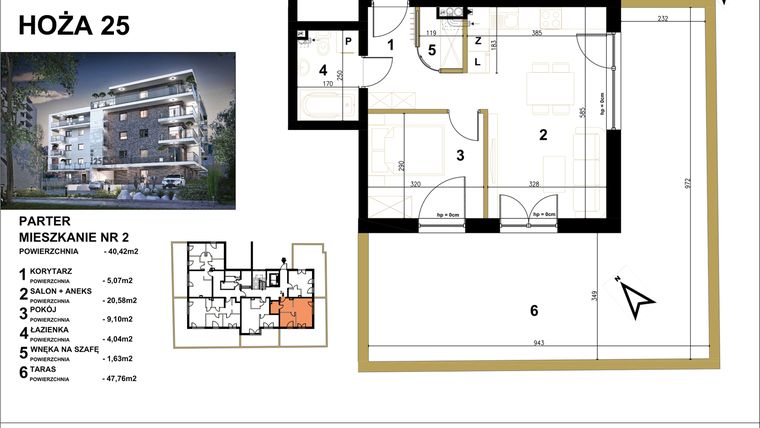 Rzut - Mieszkanie na sprzedaż 2 pokoje o powierzchni 40,42 m² - numer 2 w Hoża 25