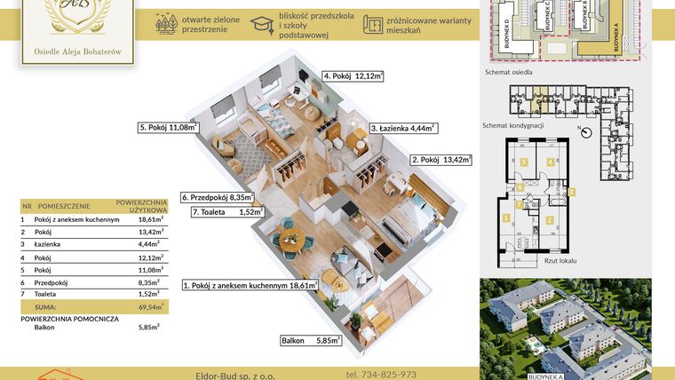 Rzut - Mieszkanie na sprzedaż 4 pokoje o powierzchni 69,54 m² - numer A.1 w Aleja Bohaterów