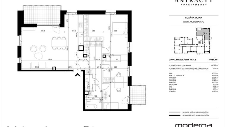 Rzut - Mieszkanie na sprzedaż 4 pokoje o powierzchni 117,76 m² - numer 11 w Antracyt