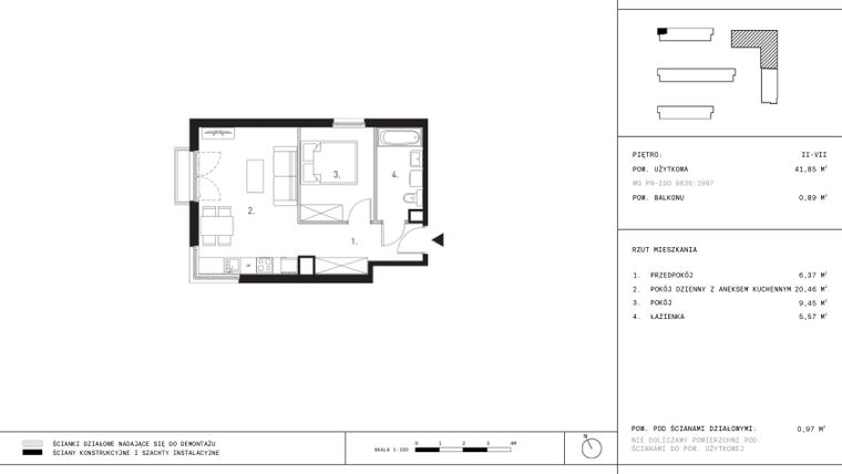 Rzut - Mieszkanie na sprzedaż 2 pokoje o powierzchni 41,85 m² - numer A1.7 w Wynalazek 3A