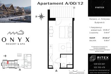 Rzut - Mieszkanie na sprzedaż 1 pokój o powierzchni 27,43 m² - numer 00.A12 w Onyx Resort & Spa