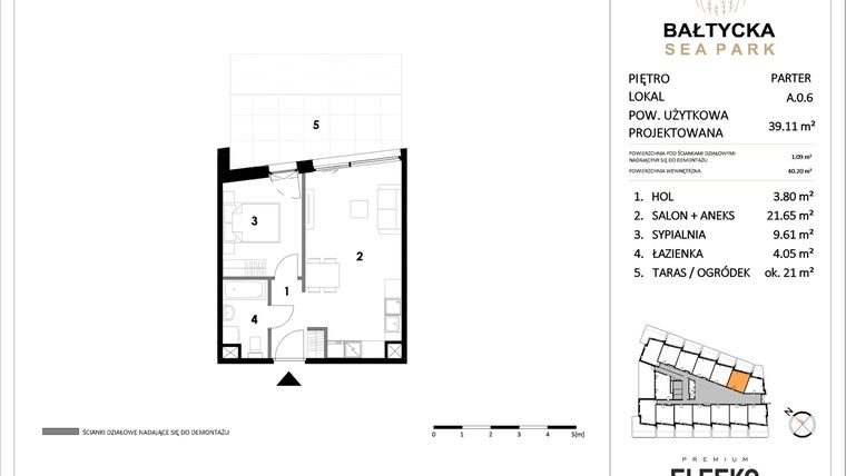 Rzut - Mieszkanie na sprzedaż 2 pokoje o powierzchni 39,11 m² - numer A.0.6 w Bałtycka Sea Park