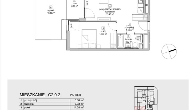 Rzut - Mieszkanie na sprzedaż 2 pokoje o powierzchni 47,12 m² - numer C2.0.2 w ATAL Symbioza IB