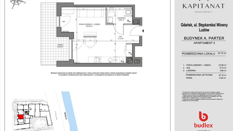 Rzut - Mieszkanie na sprzedaż 1 pokój o powierzchni 33,15 m² - numer A3 w Kapitanat A