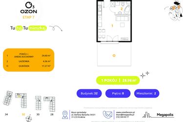 Rzut - Mieszkanie na sprzedaż 1 pokój o powierzchni 28,96 m² - numer 32.2 w Osiedle Ozon etap VII