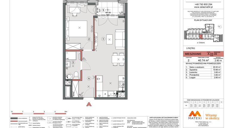 Rzut - Mieszkanie na sprzedaż 2 pokoje o powierzchni 40,74 m² - numer A.03.09 w Żelazna 54