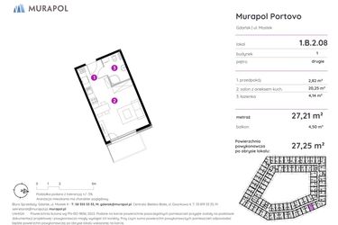 Rzut - Mieszkanie na sprzedaż 1 pokój o powierzchni 27,25 m² - numer 1.B.2.08 w Murapol Portovo etap II