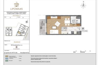 Rzut - Mieszkanie na sprzedaż 1 pokój o powierzchni 25,64 m² - numer A21 w Lipowa 45