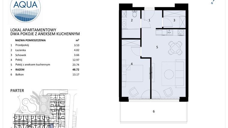 Rzut - Mieszkanie na sprzedaż 2 pokoje o powierzchni 49,02 m² - numer D006 w Polanki Aqua