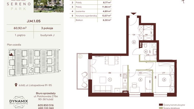 Rzut - Mieszkanie na sprzedaż 3 pokoje o powierzchni 60,92 m² - numer J.M.1.05 w Sereno Park