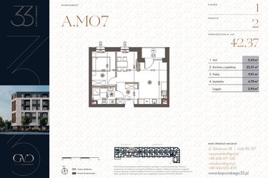 Rzut - Mieszkanie na sprzedaż 2 pokoje o powierzchni 42,37 m² - numer A.M07 w Kopcińskiego 33