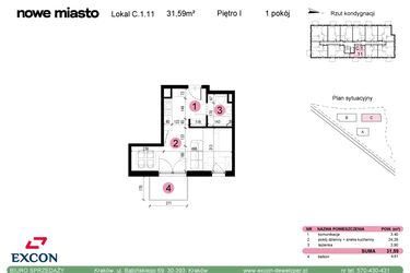 Rzut - Mieszkanie na sprzedaż 1 pokój o powierzchni 31,59 m² - numer C-1-11 w Nowe Miasto