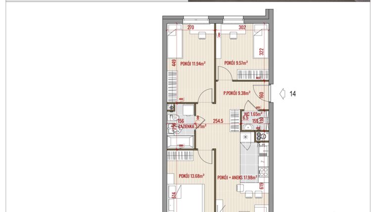Rzut - Mieszkanie na sprzedaż 4 pokoje o powierzchni 67,91 m² - numer B2.14 w HUZAR B2