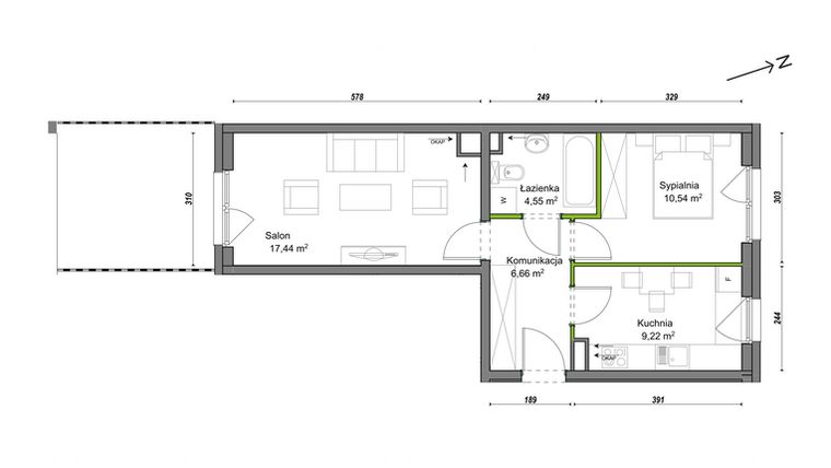 Rzut - Mieszkanie na sprzedaż 2 pokoje o powierzchni 48,41 m² - numer E2/H/03 w Orawska Vita