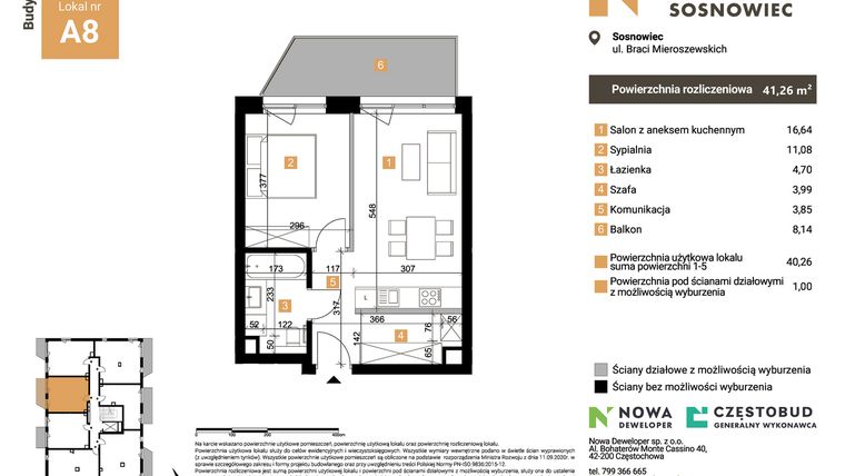 Rzut - Mieszkanie na sprzedaż 2 pokoje o powierzchni 41,26 m² - numer A8 w Nowy Sosnowiec