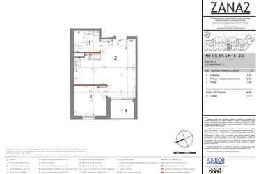 Rzut - Mieszkanie na sprzedaż 2 pokoje o powierzchni 34,87 m² - numer 22 w Zana 2