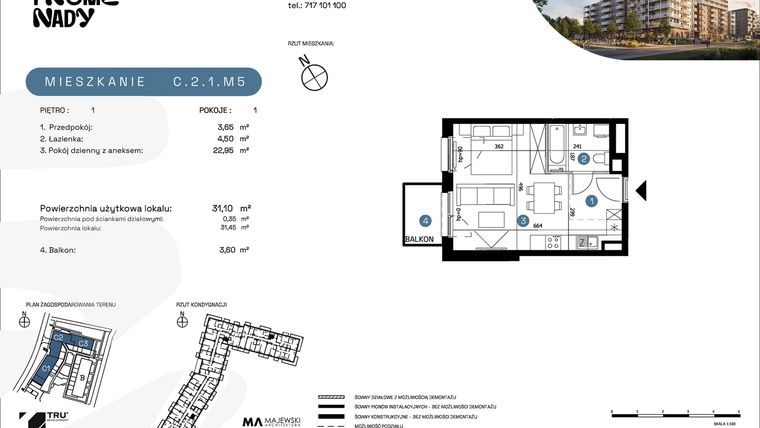 Rzut - Mieszkanie na sprzedaż 1 pokój o powierzchni 31,1 m² - numer C.2.1.M5 w Nowe Promenady etap II