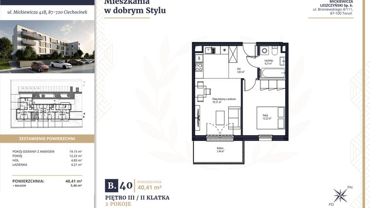Rzut - Mieszkanie na sprzedaż 2 pokoje o powierzchni 40,41 m² - numer B40 w Mickiewicza