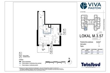 Rzut - Mieszkanie na sprzedaż 1 pokój o powierzchni 30,42 m² - numer M.3.57 w Viva Piastów