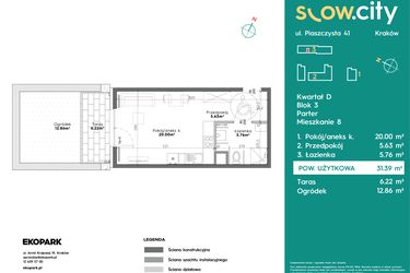 Rzut - Mieszkanie na sprzedaż 1 pokój o powierzchni 31,39 m² - numer D3-8 w Slow City etap D