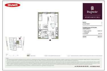 Rzut - Mieszkanie na sprzedaż 1 pokój o powierzchni 40,21 m² - numer 1 w Dajwór