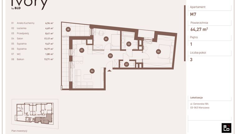 Rzut - Mieszkanie na sprzedaż 3 pokoje o powierzchni 64,27 m² - numer M07 w Ivory
