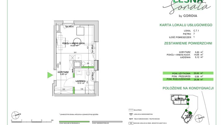 Rzut - Lokal użytkowy na sprzedaż 1 pokój o powierzchni 25,6 m² - numer LU.C.7.1 w Leśna Sonata