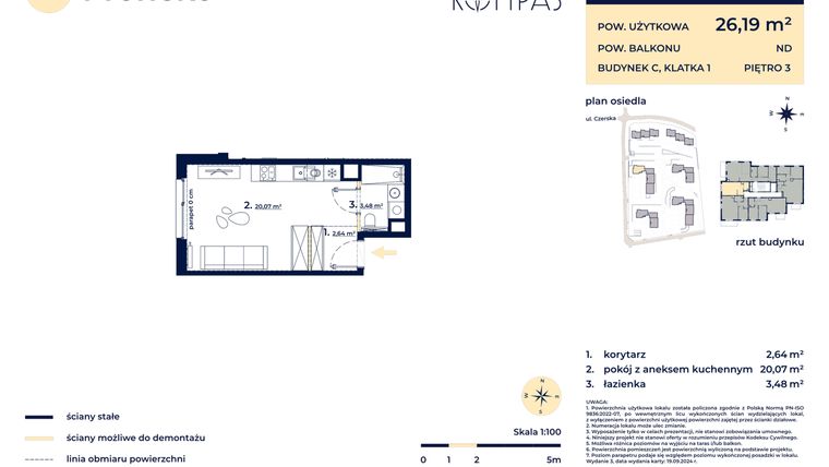 Rzut - Mieszkanie na sprzedaż 1 pokój o powierzchni 26,07 m² - numer C18 w Osiedle Kompas