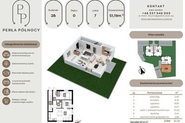 Rzut - Mieszkanie na sprzedaż 3 pokoje o powierzchni 51,19 m² - numer 7 w Perła Północy etap 1
