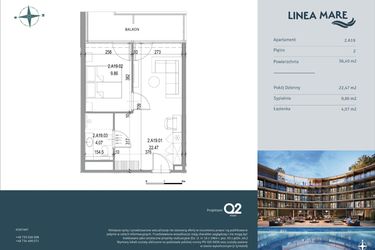 Rzut - Mieszkanie na sprzedaż 2 pokoje o powierzchni 36,4 m² - numer 2.A19 w Linea Mare - apartamenty inwestycyjne