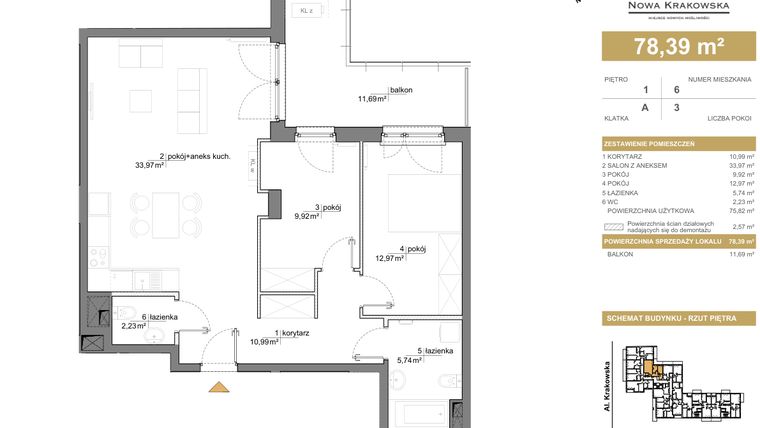 Rzut - Mieszkanie na sprzedaż 3 pokoje o powierzchni 78,39 m² - numer A.1.6 w Nowa Krakowska