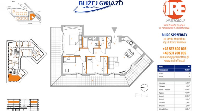 Rzut - Mieszkanie na sprzedaż 4 pokoje o powierzchni 75,35 m² - numer 61 w Bliżej Gwiazd na Mehoffera
