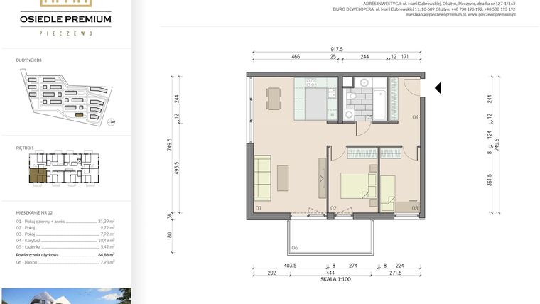 Rzut - Mieszkanie na sprzedaż 3 pokoje o powierzchni 64,88 m² - numer B3.12 w Osiedle Premium etap IV