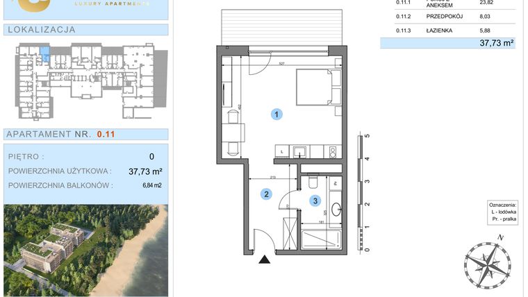 Rzut - Mieszkanie na sprzedaż 1 pokój o powierzchni 37,73 m² - numer 0.11 w Ustronie Luxury Apartments