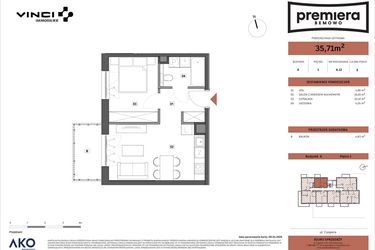 Rzut - Mieszkanie na sprzedaż 2 pokoje o powierzchni 35,71 m² - numer A.12 w Premiera Bemowo