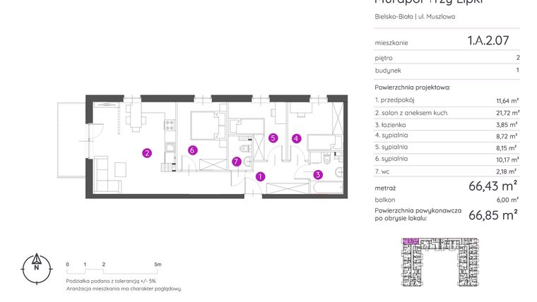 Rzut - Mieszkanie na sprzedaż 4 pokoje o powierzchni 66,85 m² - numer 1.A.2.07 w Murapol Trzy Lipki