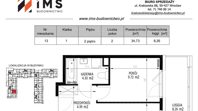 Rzut - Mieszkanie na sprzedaż 2 pokoje o powierzchni 34,67 m² - numer 13 w Krakowskie Tarasy etap V