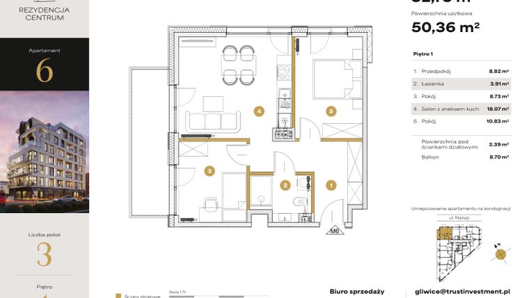 Rzut - Mieszkanie na sprzedaż 3 pokoje o powierzchni 52,75 m² - numer 6 w Rezydencja Centrum