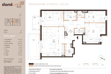 Rzut - Mieszkanie na sprzedaż 4 pokoje o powierzchni 101 m² - numer B8 w Domkove Widzew