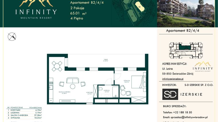 Rzut - Mieszkanie na sprzedaż 2 pokoje o powierzchni 65,01 m² - numer B2.4.4 w Infinity Mountain Resort