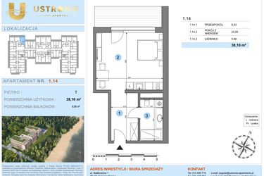 Rzut - Mieszkanie na sprzedaż 1 pokój o powierzchni 37,03 m² - numer 1.14 w Ustronie Luxury Apartments