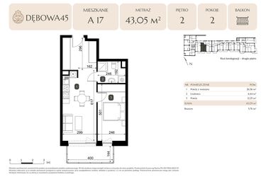 Rzut - Mieszkanie na sprzedaż 2 pokoje o powierzchni 43,05 m² - numer A.17 w Dębowa 45