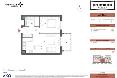 Rzut - Mieszkanie na sprzedaż 2 pokoje o powierzchni 41,94 m² - numer C.08 w Premiera Bemowo