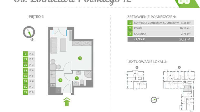 Rzut - Mieszkanie na sprzedaż 1 pokój o powierzchni 24,11 m² - numer 55 w Os. Lotnictwa Polskiego 12