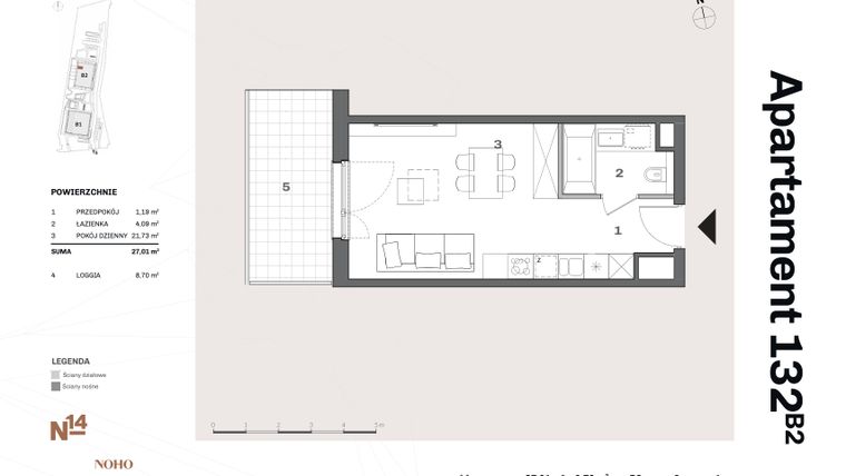 Rzut - Mieszkanie na sprzedaż 1 pokój o powierzchni 27,01 m² - numer B2.132 w Nadgórników 14