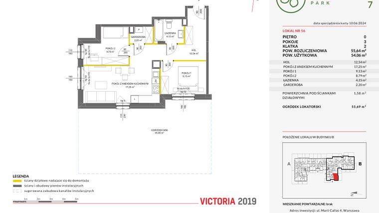 Rzut - Mieszkanie na sprzedaż 3 pokoje o powierzchni 55,64 m² - numer 56 w Olchowy Park VII