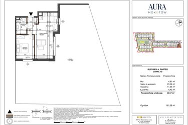 Rzut - Mieszkanie na sprzedaż 2 pokoje o powierzchni 44,57 m² - numer 10 w Aura Mokotów II