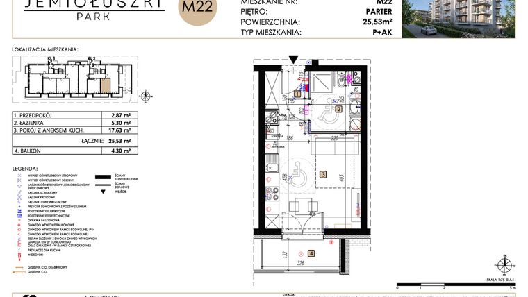 Rzut - Mieszkanie na sprzedaż 1 pokój o powierzchni 25,53 m² - numer A2_M22 w Jemiołuszki Park etap 2
