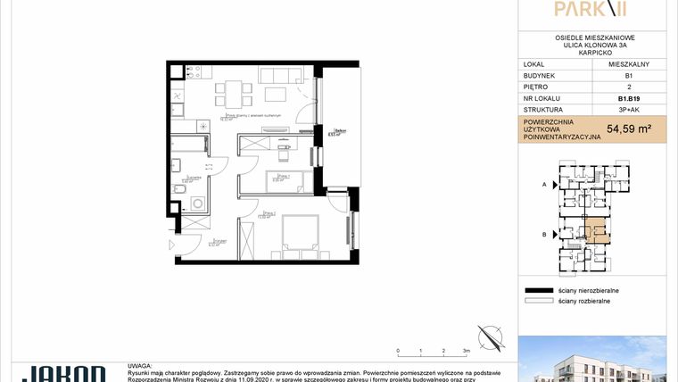 Rzut - Mieszkanie na sprzedaż 3 pokoje o powierzchni 54,59 m² - numer B1.B19 w Merano Park II